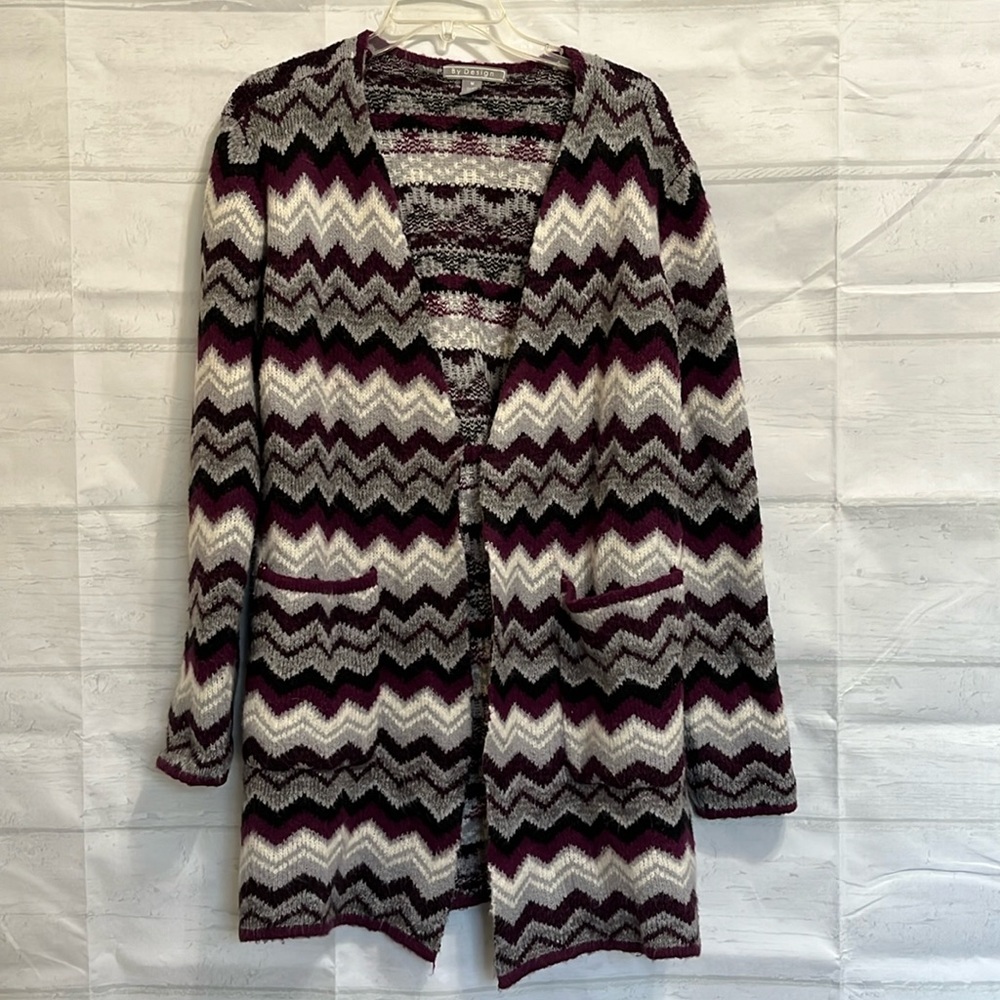 By Design Purple Chevron Cardigan With Pockets Cozy Sweater Size M